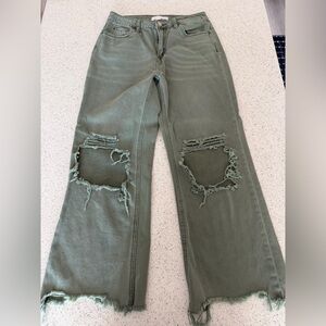 Ripped Olive Green Wide-Leg Jeans